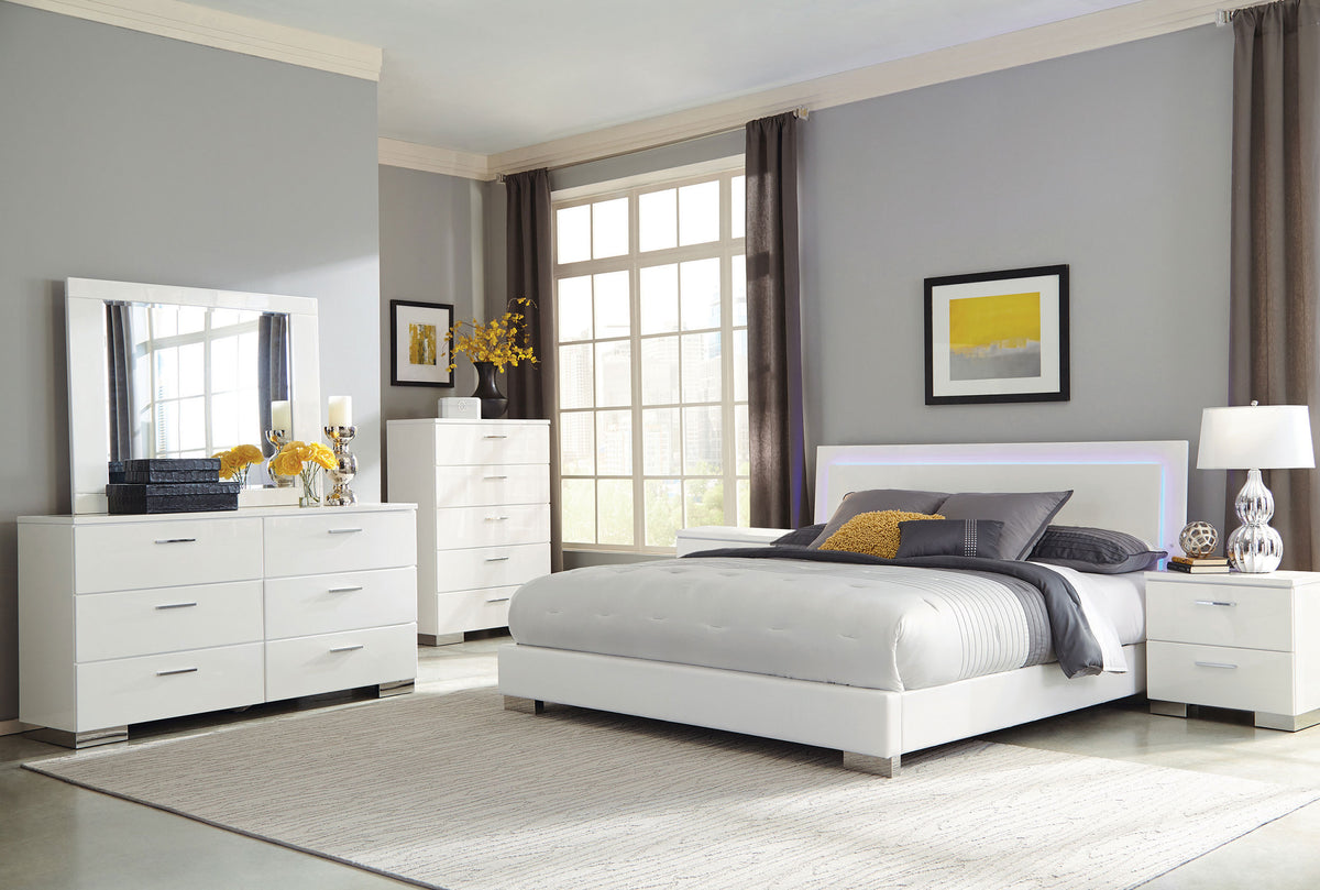 Felicity 6-piece Eastern King Bedroom Set with LED Panel Bed White High Gloss