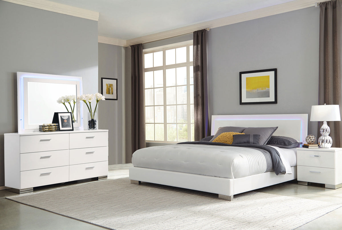 Felicity 4-piece California King Bedroom Set with LED Panel Bed and LED Mirror White High Gloss