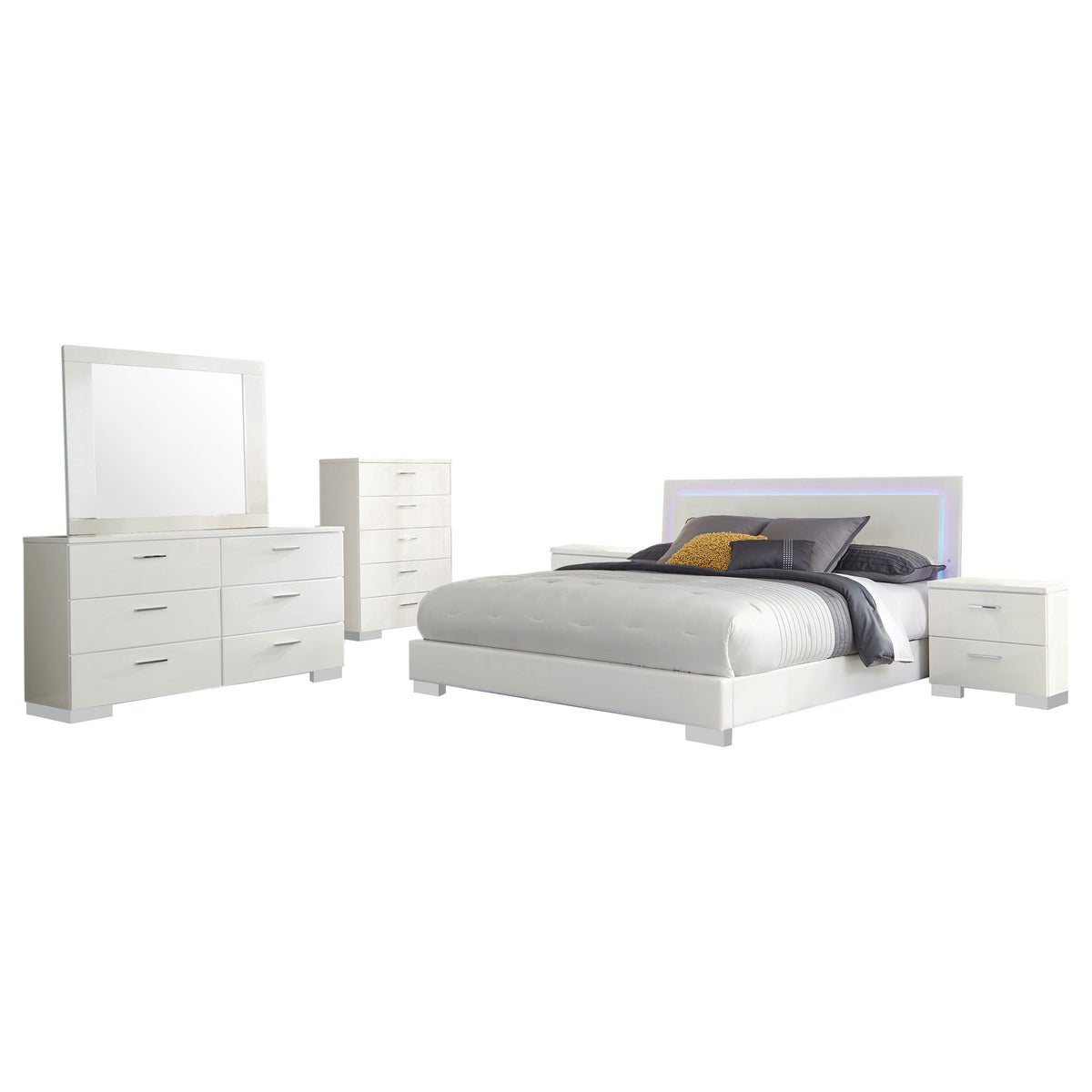 Felicity 6-piece California King Bedroom Set with LED Panel Bed White High Gloss