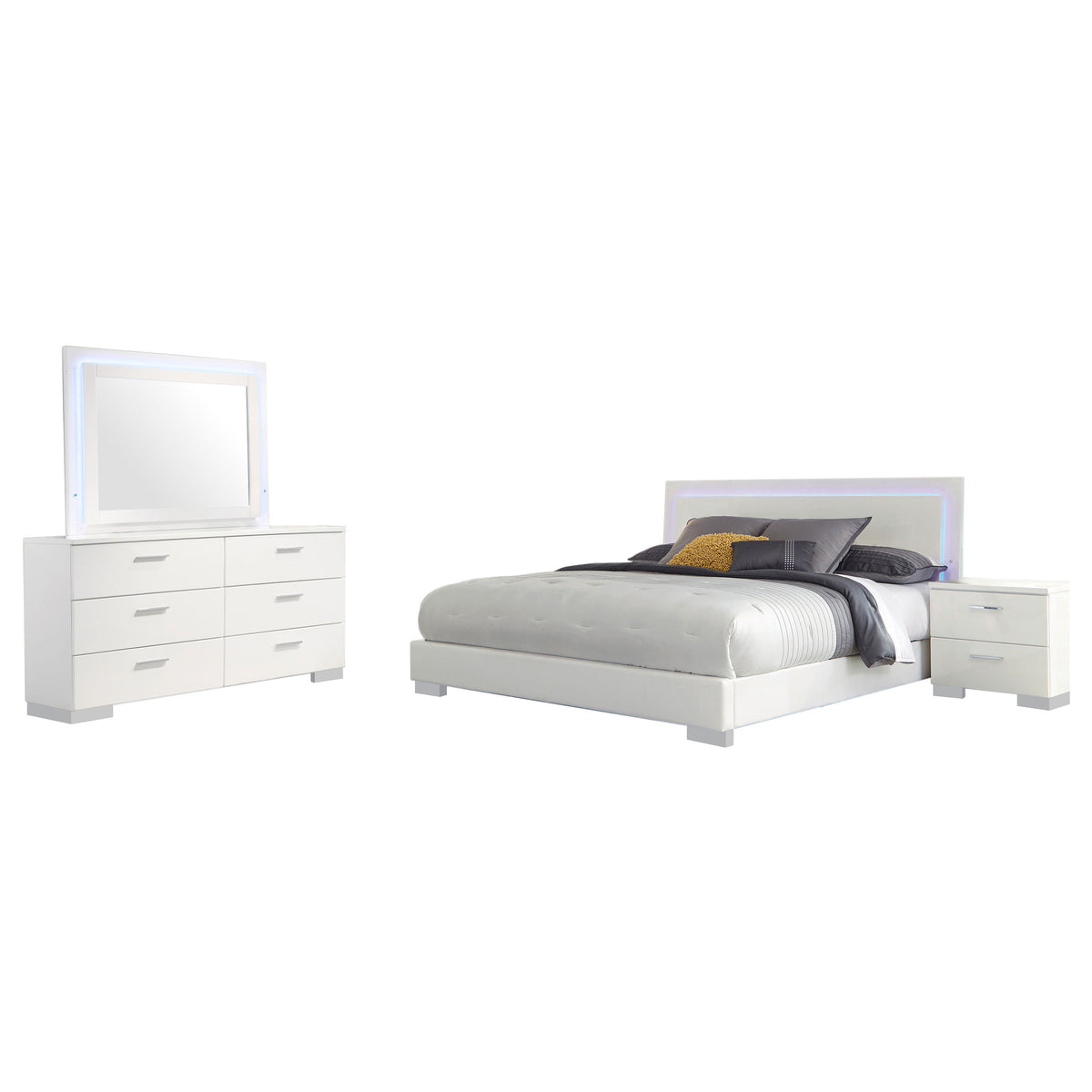 Felicity 4-piece Queen Bedroom Set with LED Panel Bed and LED Mirror White High Gloss