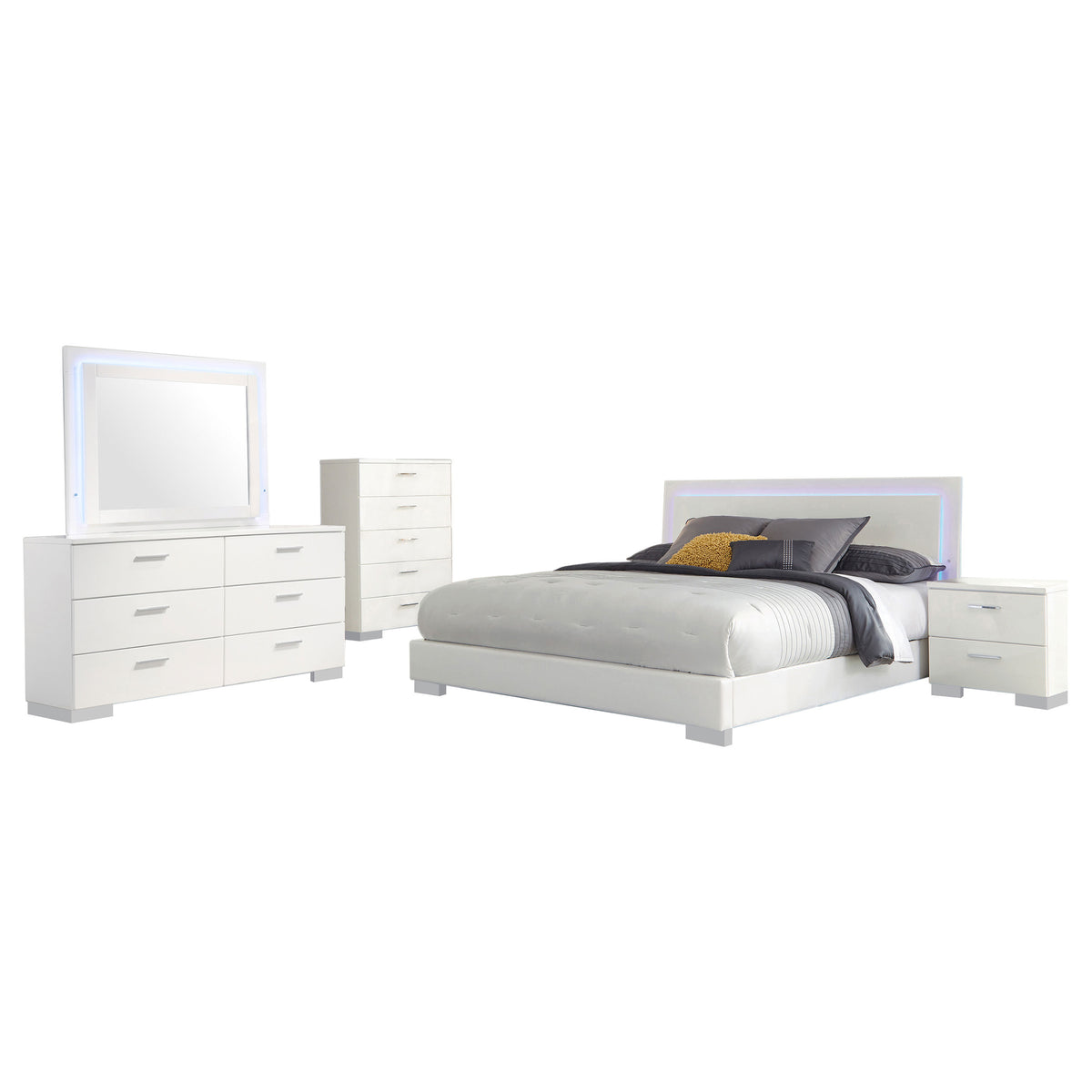 Felicity 5-piece Queen Bedroom Set with LED Panel Bed and LED Mirror White High Gloss