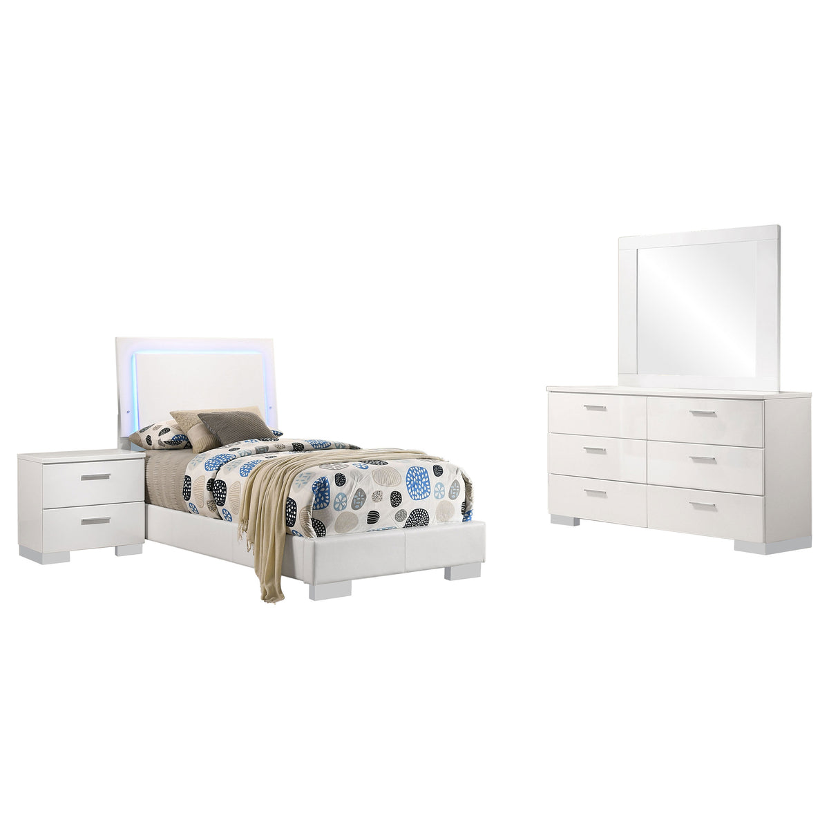 Felicity 4-piece Twin Bedroom Set with LED Panel Bed White High Gloss