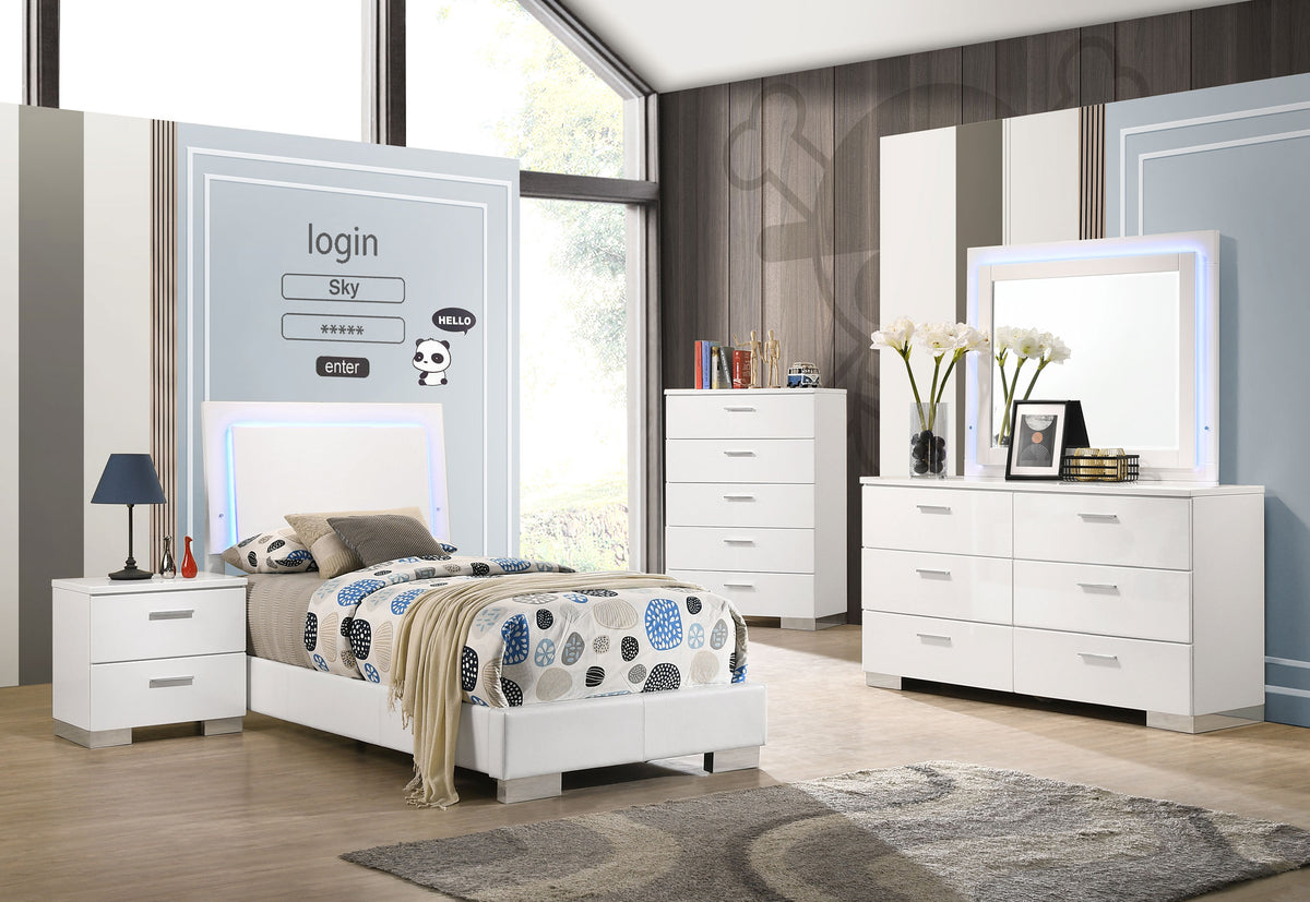 Felicity 5-piece Twin Bedroom Set with LED Panel Bed and LED Mirror White High Gloss