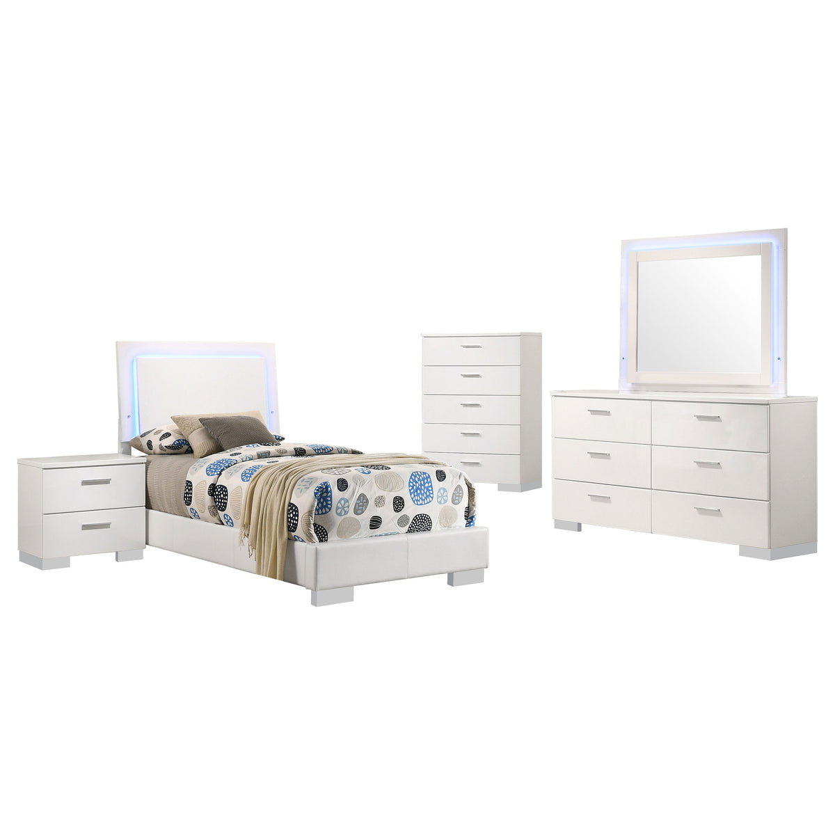 Felicity 5-piece Twin Bedroom Set with LED Panel Bed and LED Mirror White High Gloss