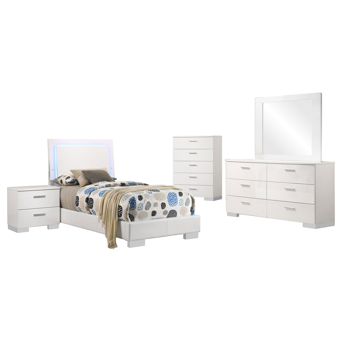 Felicity 5-piece Twin Bedroom Set with LED Panel Bed White High Gloss