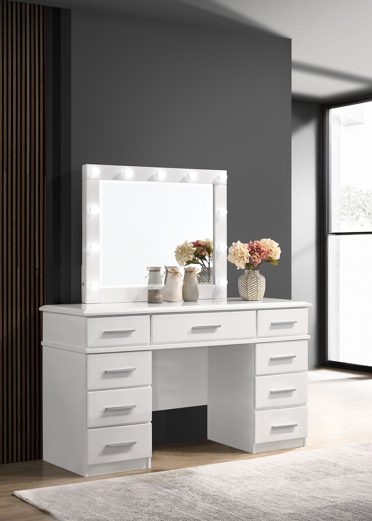 Felicity 9-drawer Makeup Vanity Table with LED Mirror White High Gloss