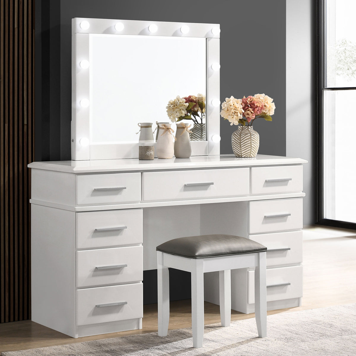 Felicity 9-drawer Makeup Vanity Table with LED Mirror White High Gloss