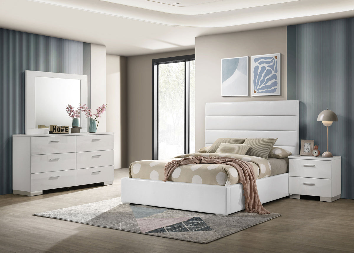 Felicity 4-piece Full Bedroom Set with Upholstered Platform Bed White High Gloss