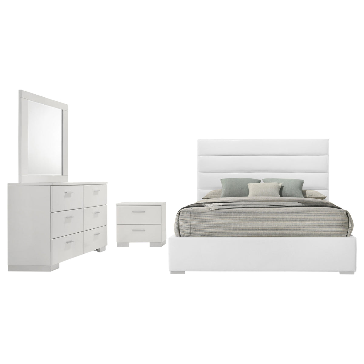 Felicity 4-piece Queen Bedroom Set with Upholstered Platform Bed White High Gloss