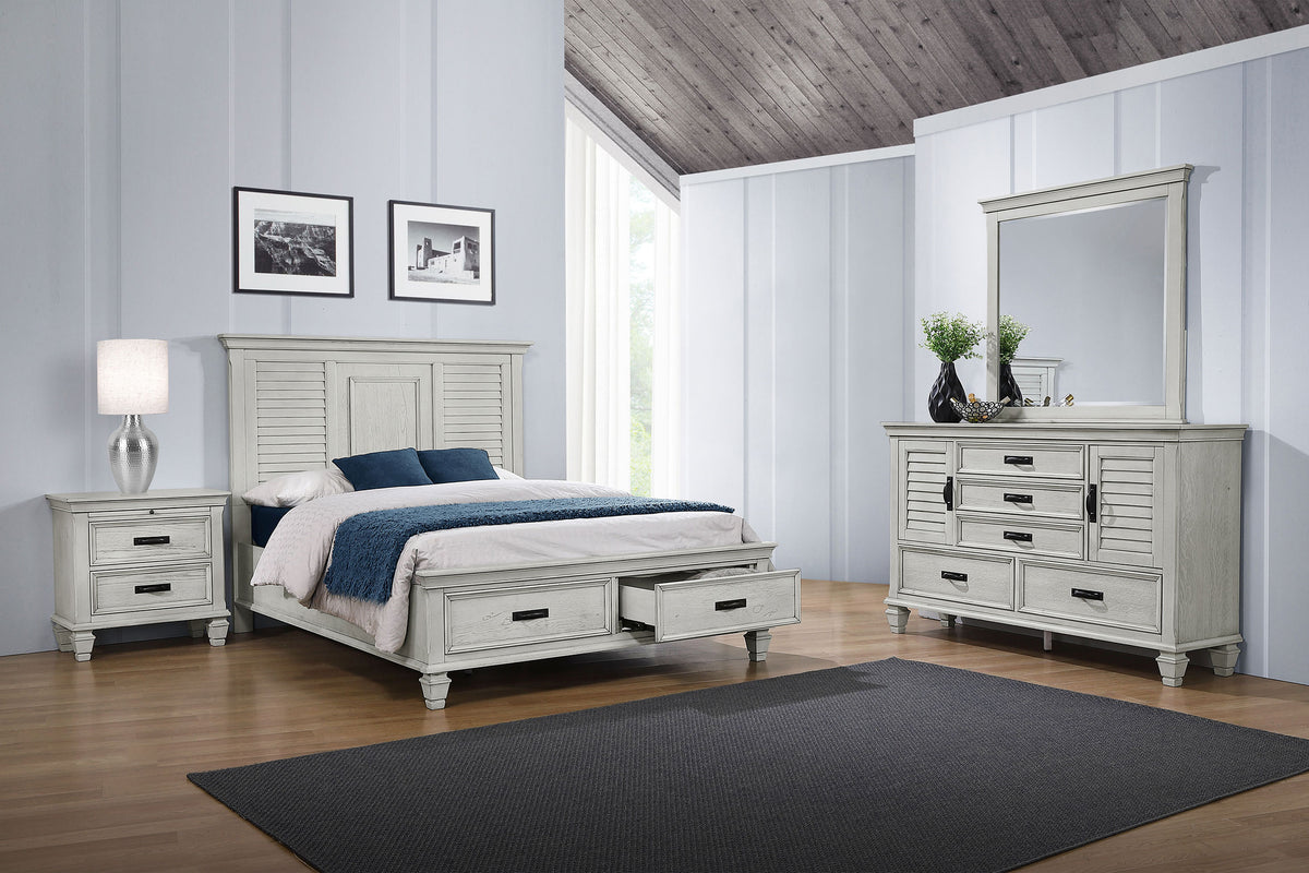 Franco 4-piece Eastern King Bedroom Set with Storage Bed Distressed White