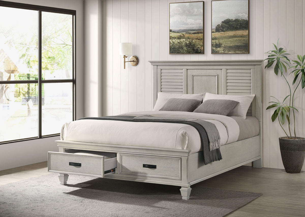 Franco Wood Storage Panel Bed with Footboard Drawers Queen Distressed White