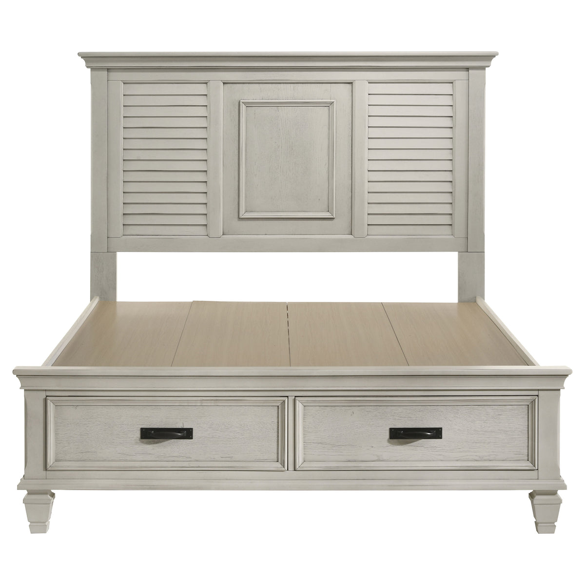 Franco Wood Storage Panel Bed with Footboard Drawers Queen Distressed White
