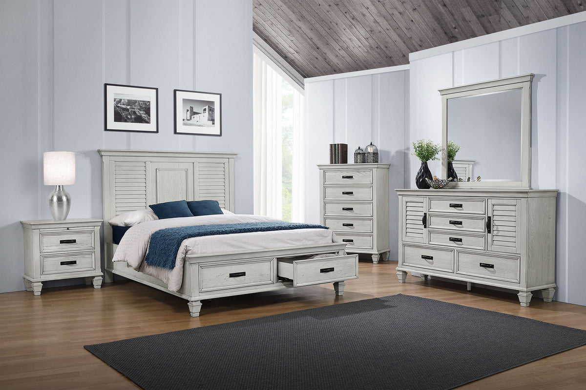Franco Wood Storage Panel Bed with Footboard Drawers Queen Distressed White
