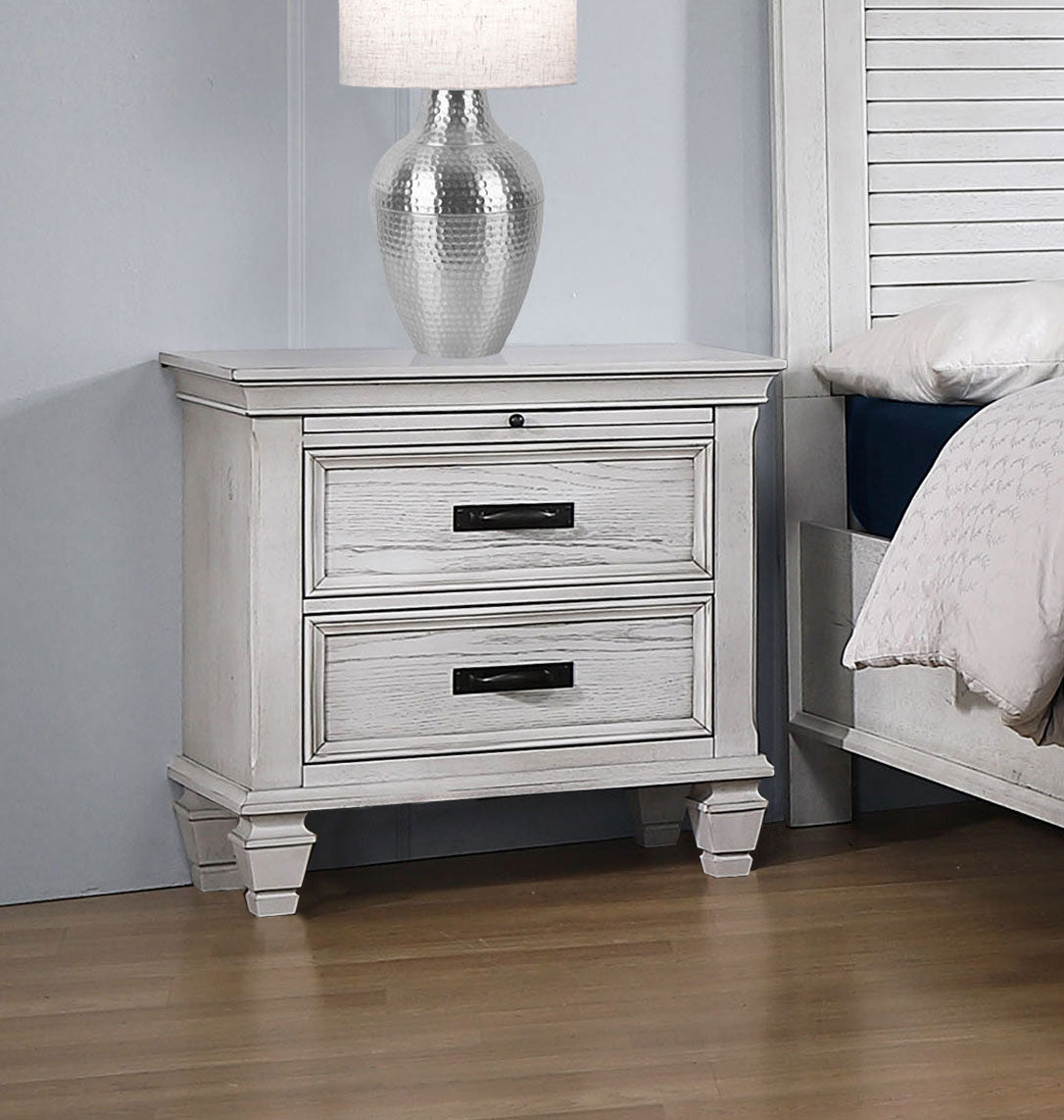 Franco 2-drawer Nightstand with Pull-Out Tray Distressed White