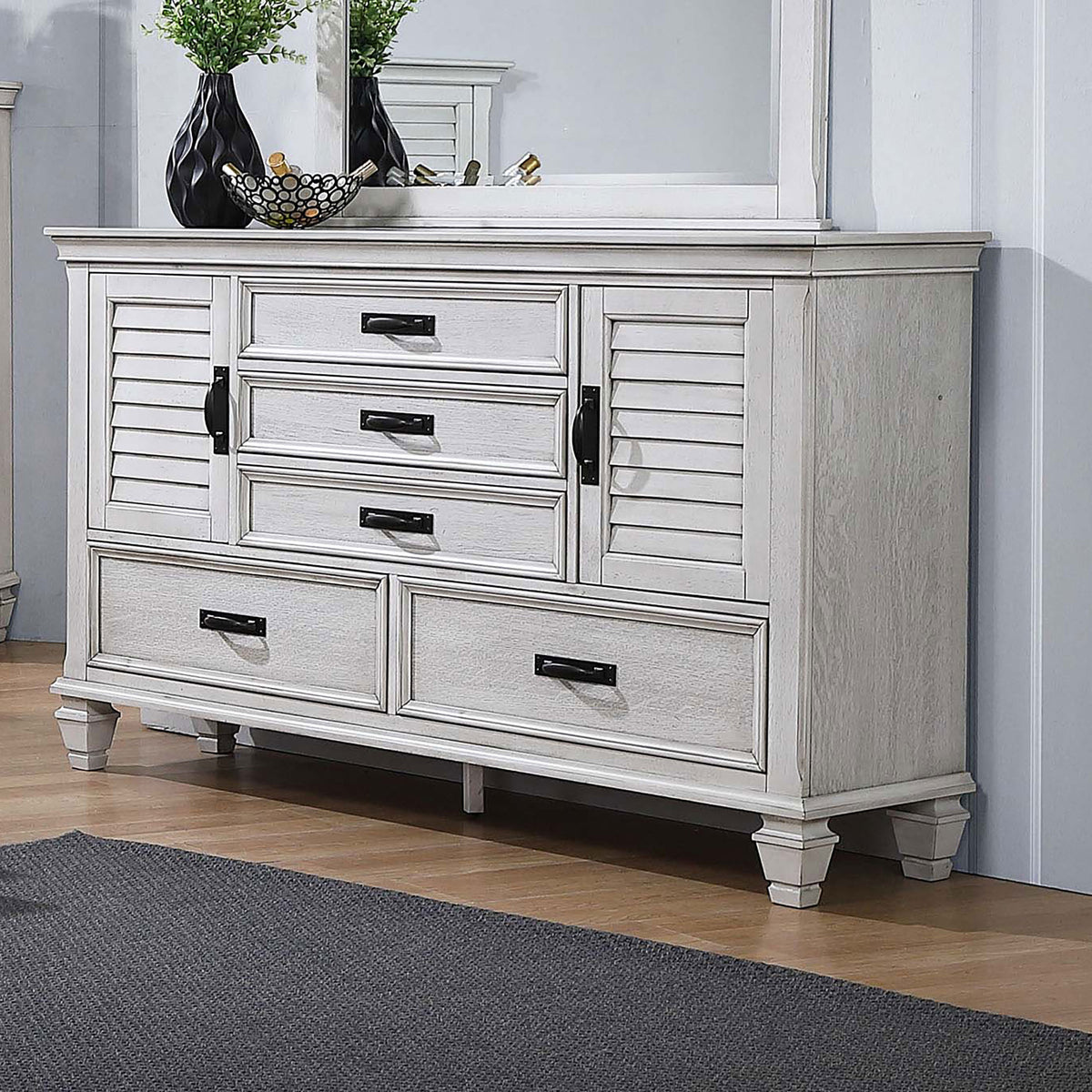 Franco 5-drawer Dresser with Side Cabinets Distressed White