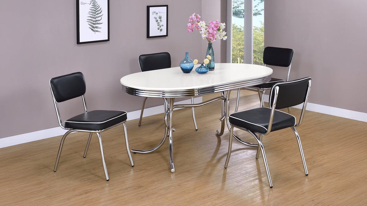 Retro 5-piece Oval Dining Set with Black Chairs White and Chrome