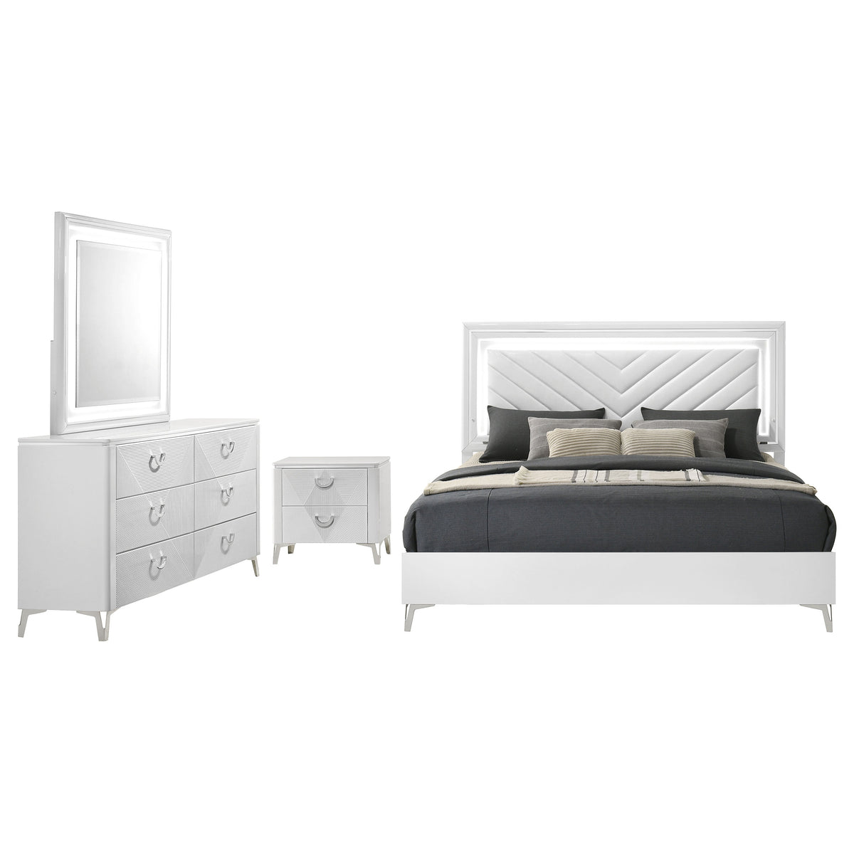 Cassia 4-piece Eastern King LED Bedroom Set White High Gloss