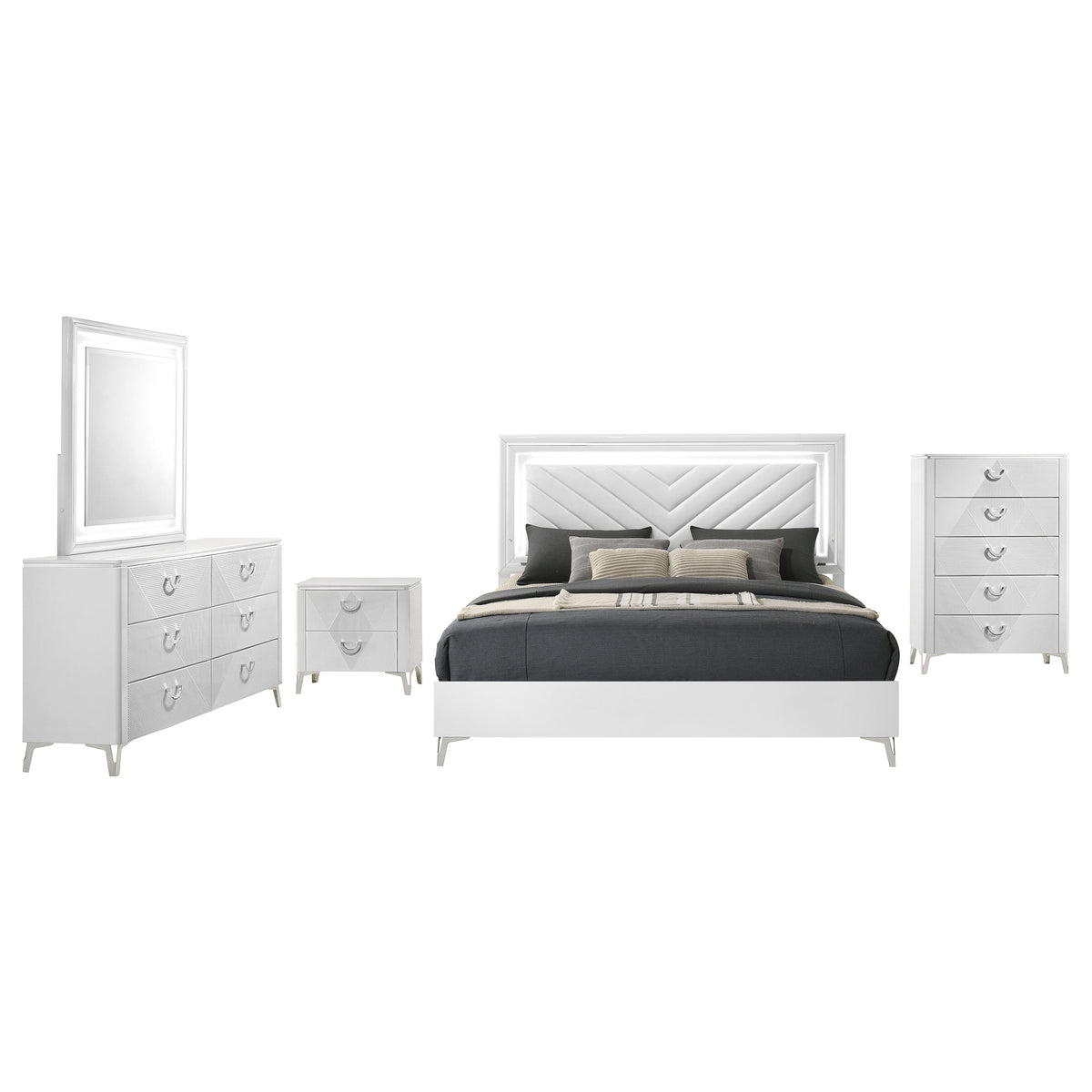 Cassia 5-piece Eastern King LED Bedroom Set White High Gloss