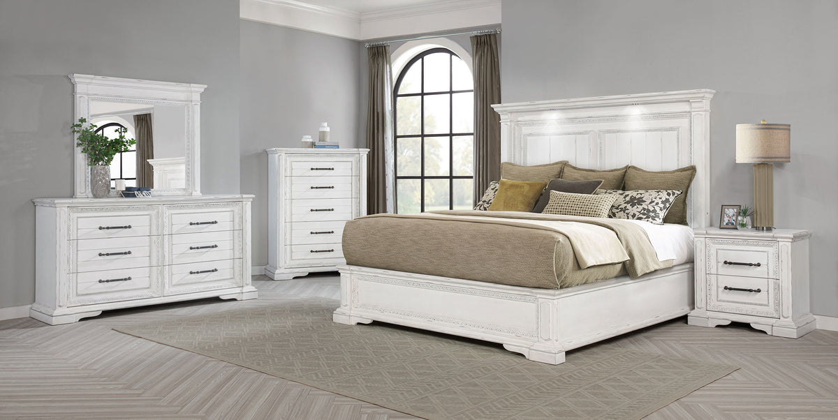 McKinney Panel Bed with LED Reading Lights Queen Vintage White
