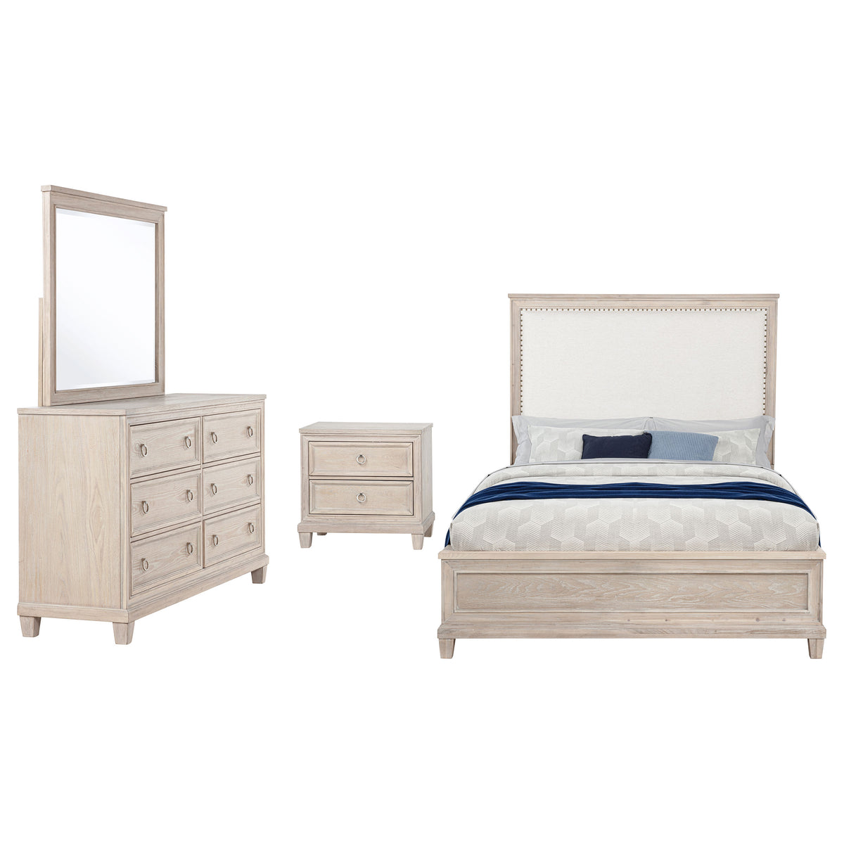 Pembroke 4-piece Eastern King Bedroom Set with Upholstered Panel Bed Washed Oak