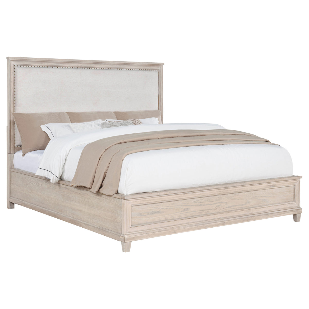 Pembroke Upholstered Panel Bed with Nailhead Trim Eastern King Washed Oak and Cream