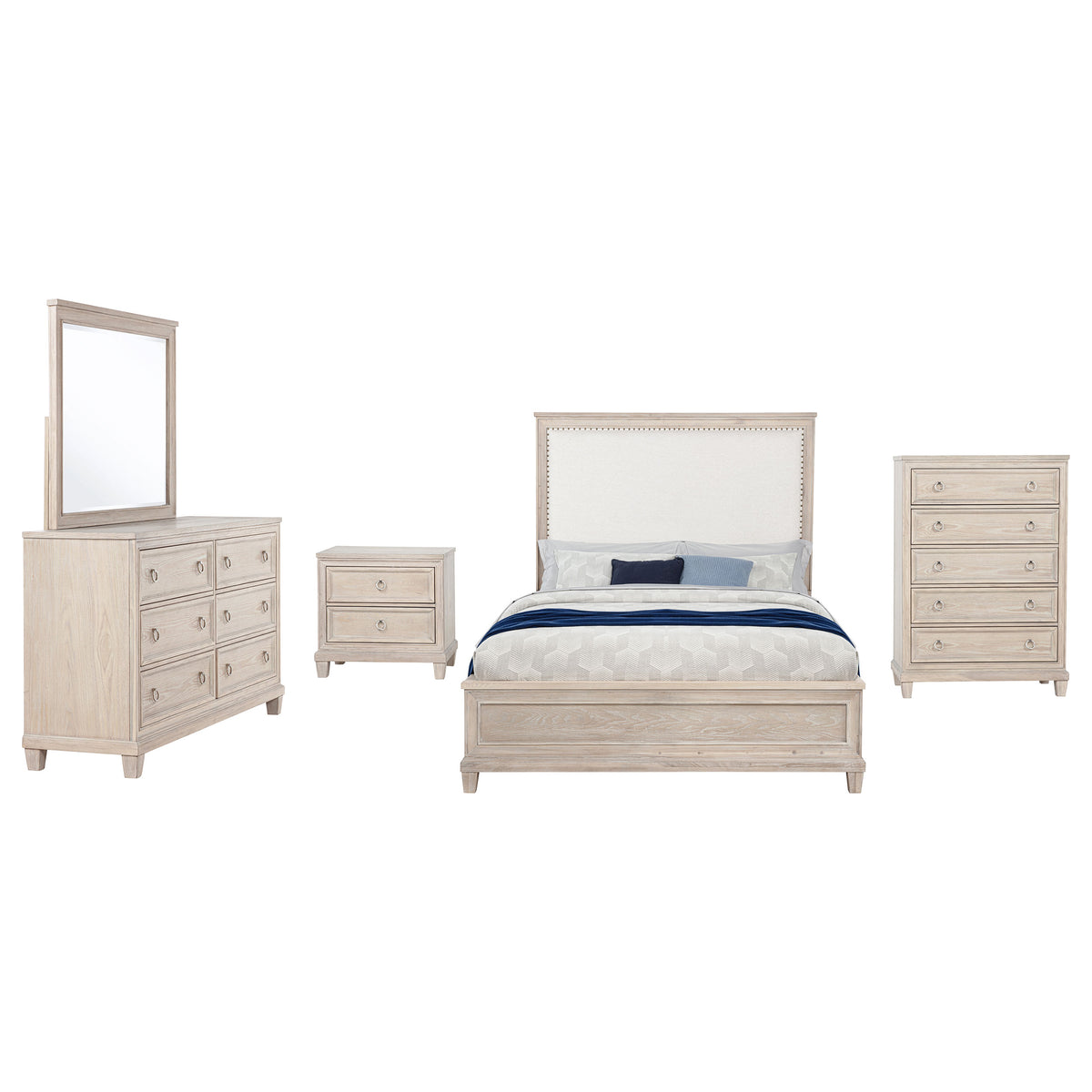 Pembroke 5-piece Queen Bedroom Set with Upholstered Panel Bed Washed Oak