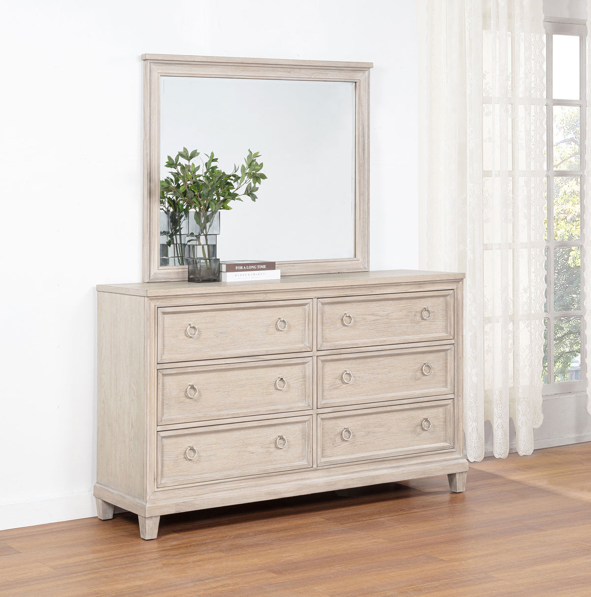 Pembroke 6-drawer Dresser with Mirror Washed Oak