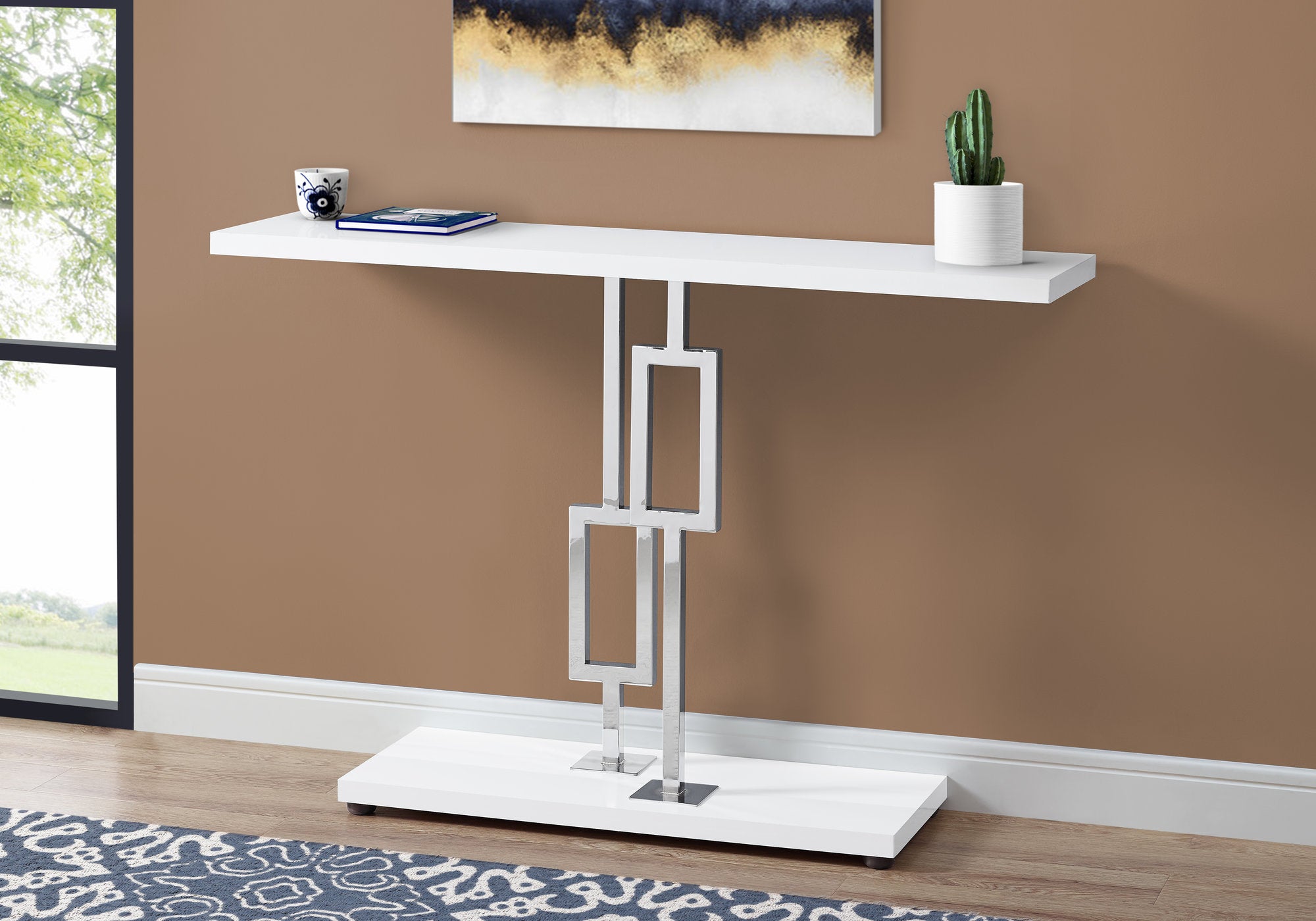 Glossy White Accent Sofa Hall Entryway Console Table with Geometric Base