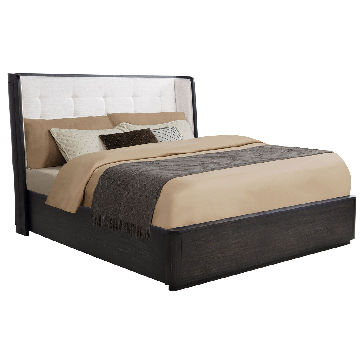 Leandro Upholstered Wingback Bed Eastern King Burnished Black and Cream