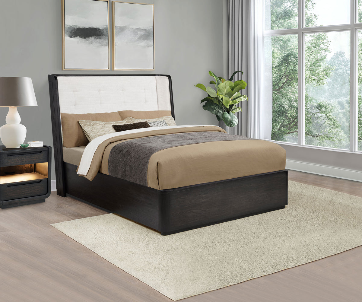 Leandro Upholstered Wingback Bed Queen Burnished Black and Cream