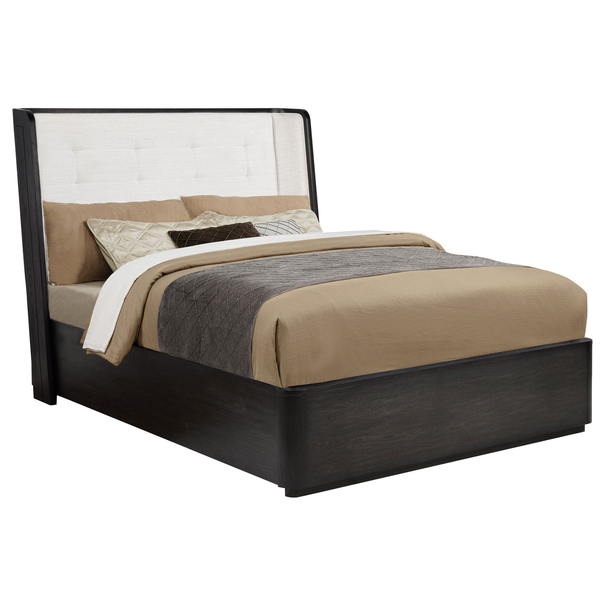 Leandro Upholstered Wingback Bed Queen Burnished Black and Cream