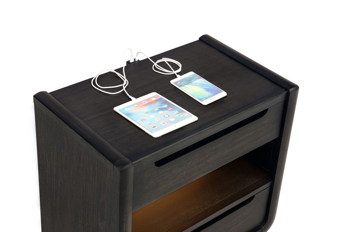 Leandro 2-drawer Nightstand with LED Shelf and USB Ports Burnished Black