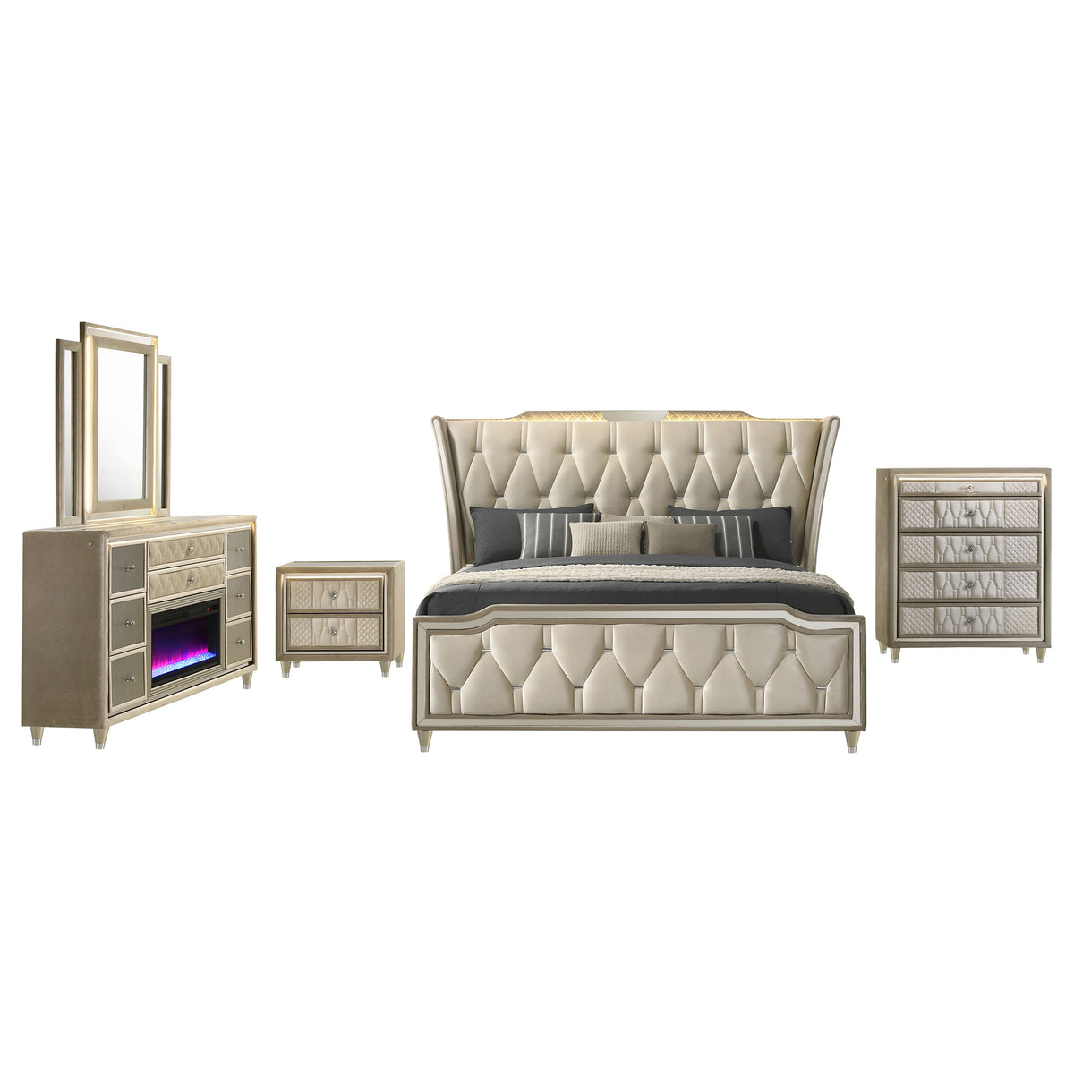 Lorient 5-piece Eastern King LED Bedroom Set with Flame Box Dresser Ivory and Camel