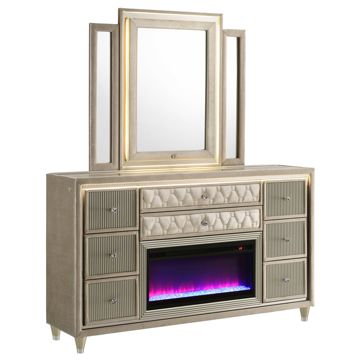 Lorient 8-drawer LED Flame Box Dresser with Mirror Ivory and Camel