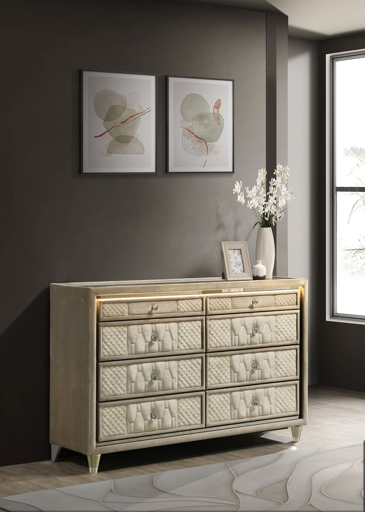 Lorient 8-drawer LED Dresser Ivory and Camel