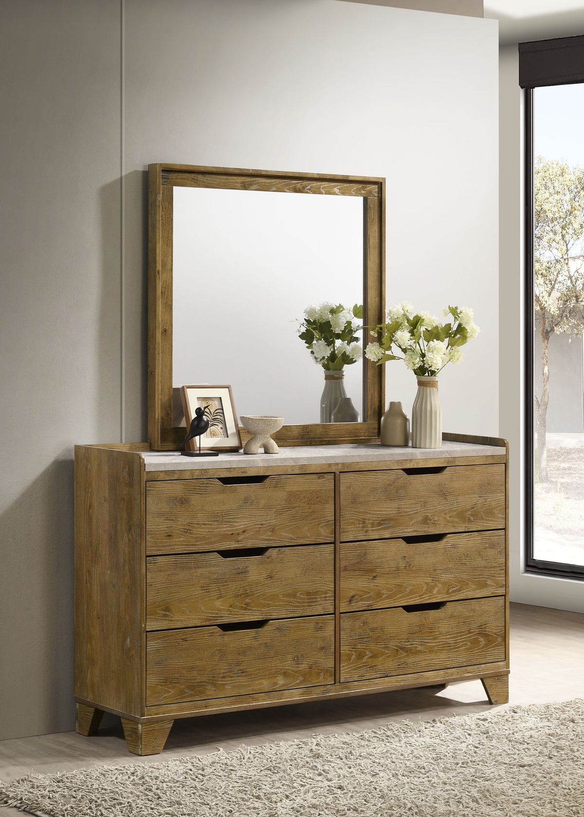 Henderson 6-drawer Dresser with Mirror Medium Oak