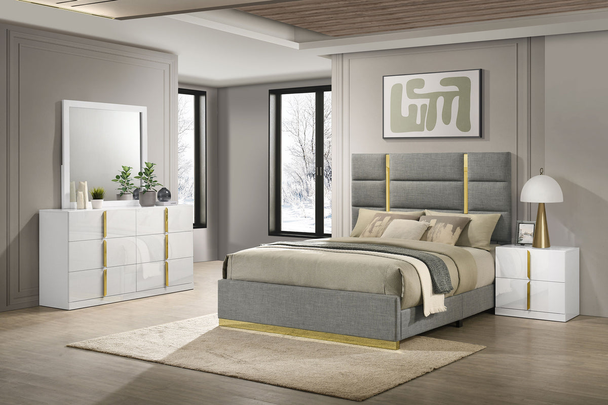 Ines 4-piece Eastern King Bedroom Set with Grey Upholstered Bed White High Gloss