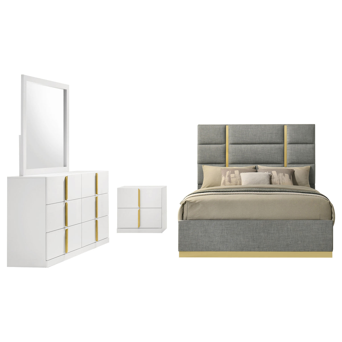 Ines 4-piece Eastern King Bedroom Set with Grey Upholstered Bed White High Gloss