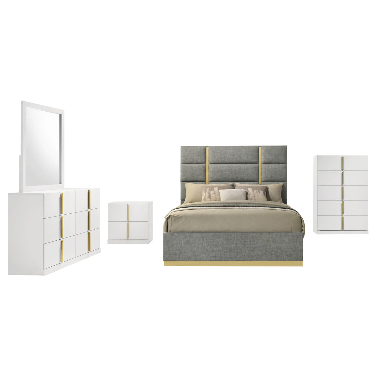 Ines 5-piece Eastern King Bedroom Set with Grey Upholstered Bed White High Gloss
