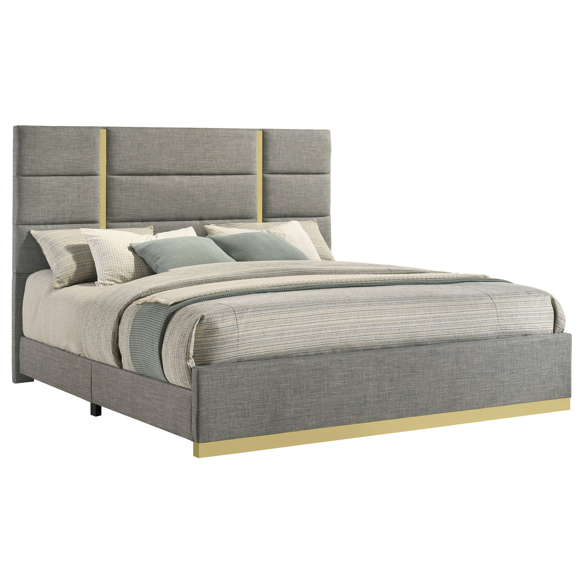 Ines Upholstered Panel Bed with Gold Accents Eastern King Grey