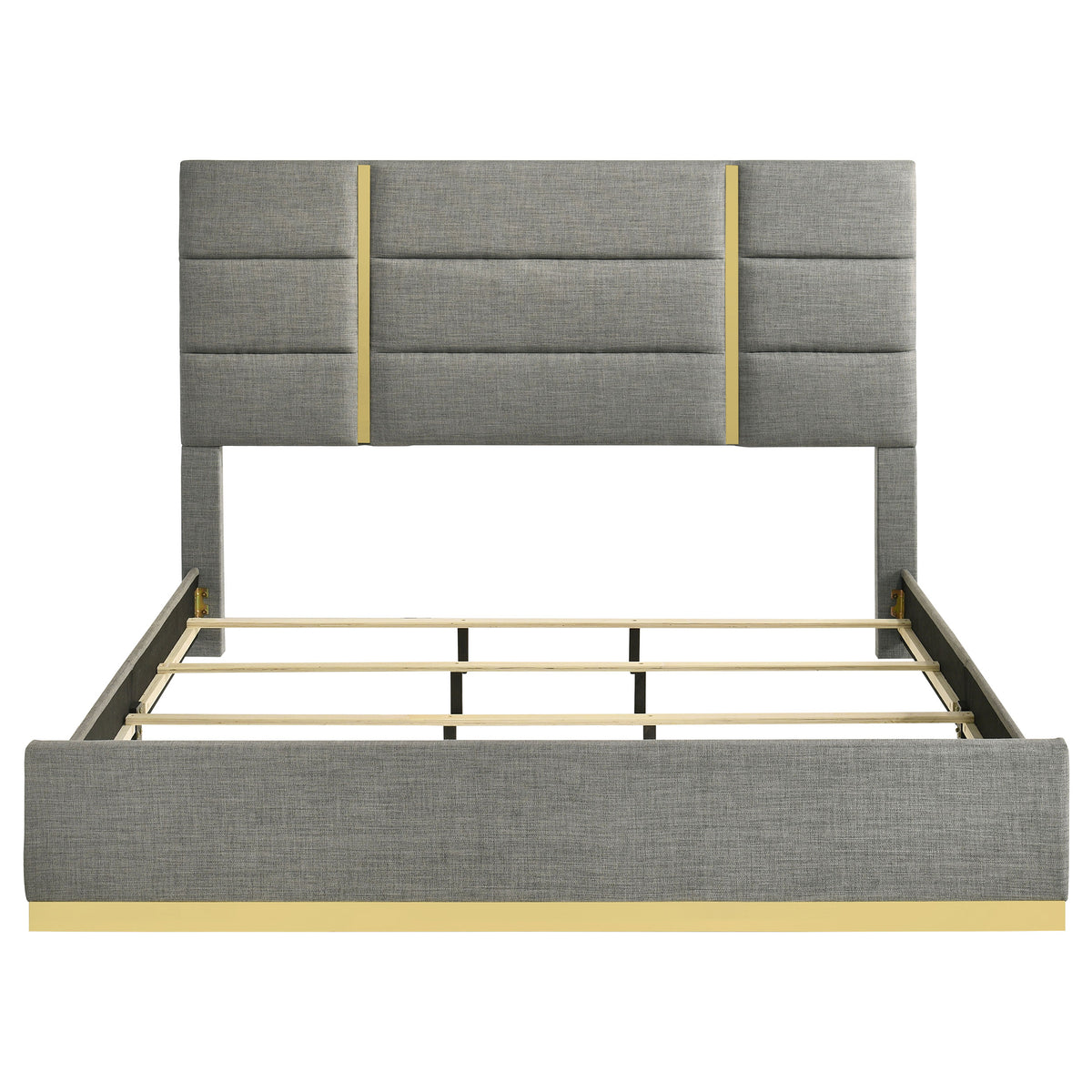Ines Upholstered Panel Bed with Gold Accents Eastern King Grey
