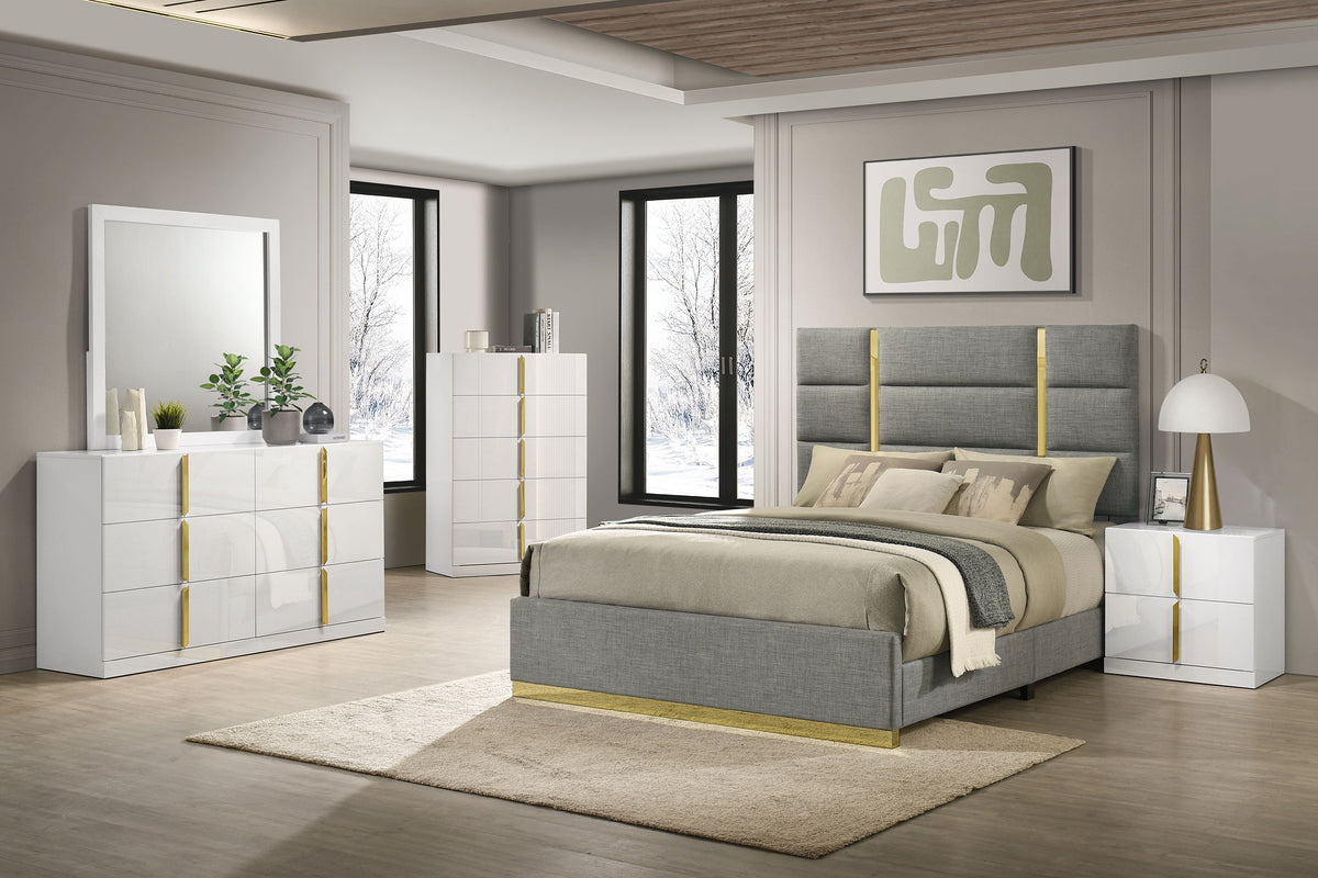 Ines Upholstered Panel Bed with Gold Accents Queen Grey