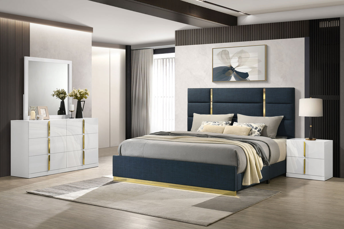 Ines 4-piece Eastern King Bedroom Set with Navy Upholstered Bed White High Gloss