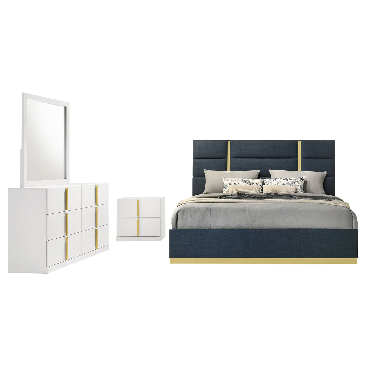 Ines 4-piece Eastern King Bedroom Set with Navy Upholstered Bed White High Gloss