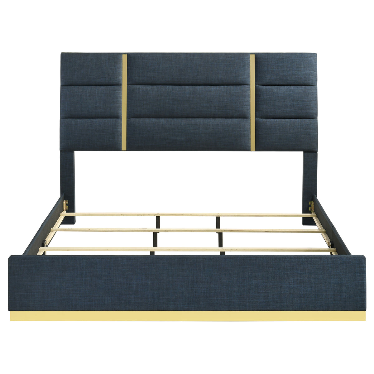 Ines Upholstered Panel Bed with Gold Accents Eastern King Navy