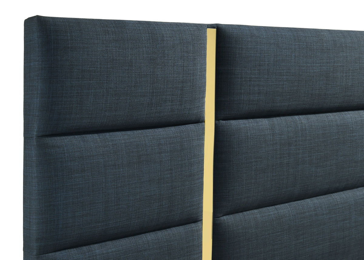 Ines Upholstered Panel Bed with Gold Accents Eastern King Navy