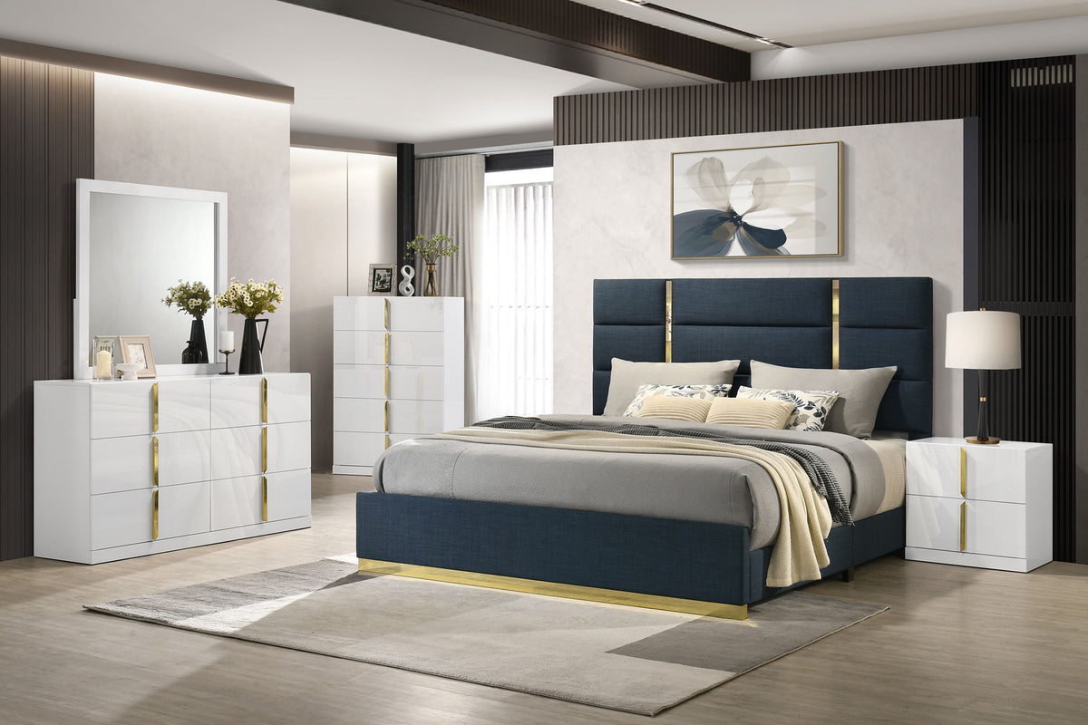Ines 5-piece Queen Bedroom Set with Navy Upholstered Bed White High Gloss