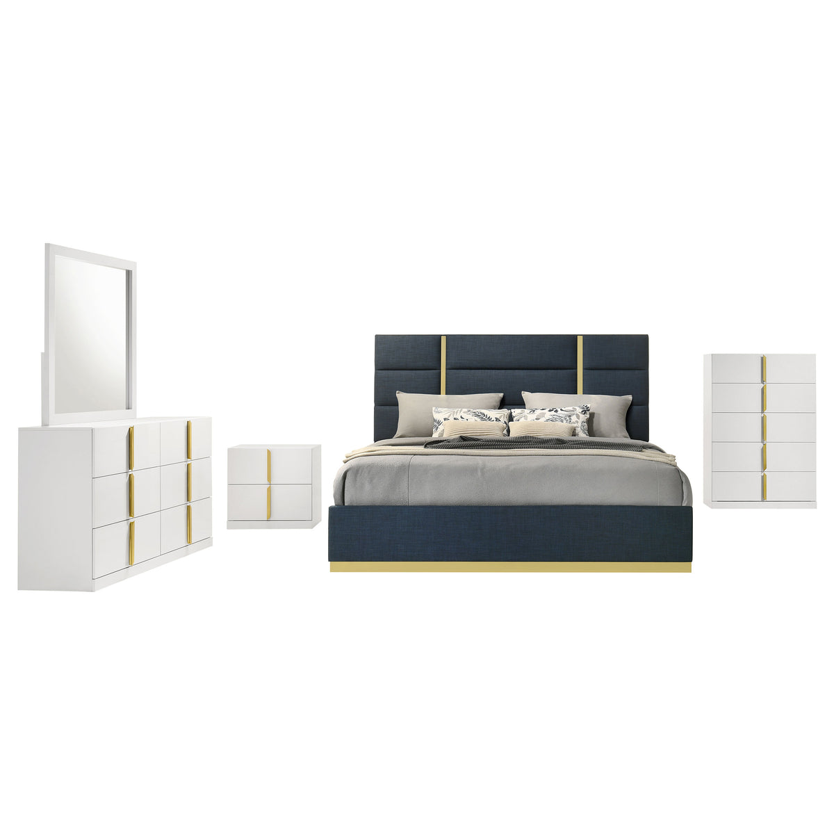 Ines 5-piece Queen Bedroom Set with Navy Upholstered Bed White High Gloss