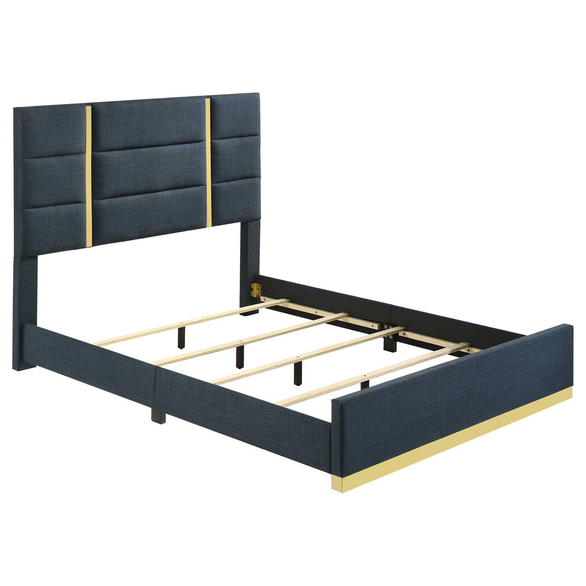 Ines Upholstered Panel Bed with Gold Accents Queen Navy