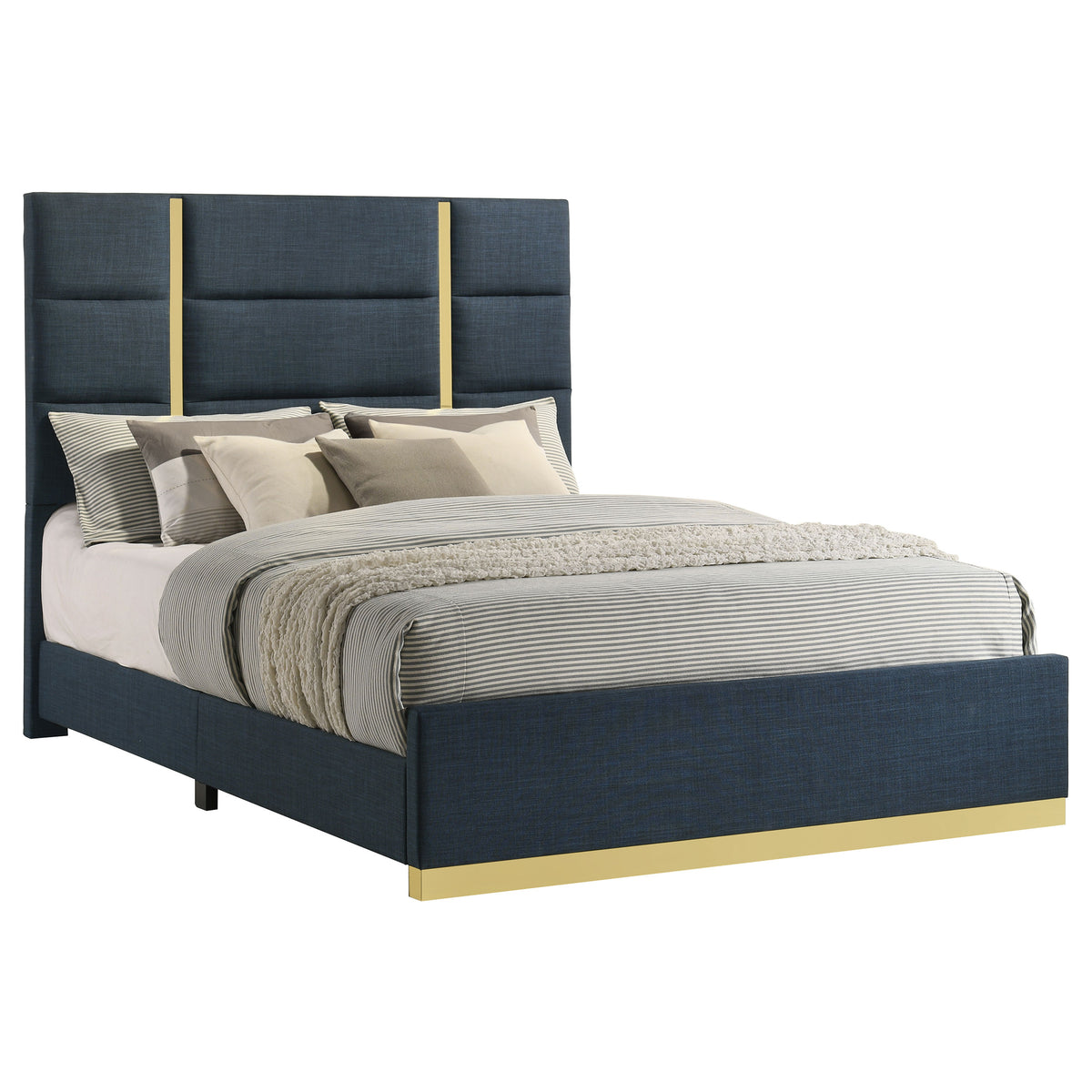 Ines Upholstered Panel Bed with Gold Accents Queen Navy